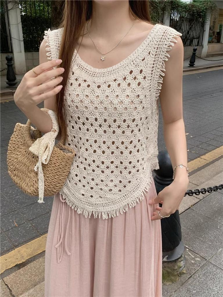 Literary and Artistic Solid Color Three-dimensional Hook-up Embroidered Lace Small Vest Large Size Women's Sleeveless Round Neck Casual Outer
