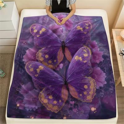 Purple Flower Butterfly Print Flannel Blanket, High Quality Comfortable for All Seasons, Home Decor, Warmth and Comfort