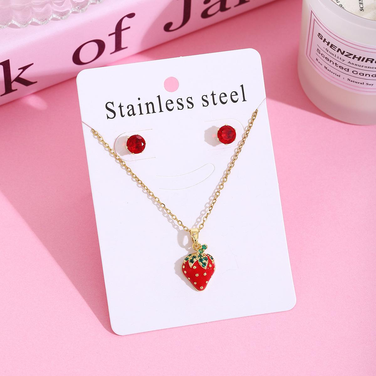 Strawberry Cherry Micro-Inlaid Necklace Stud Earrings Set, Light Luxury And Sweet 304 Stainless Steel Design Collarbone Chain