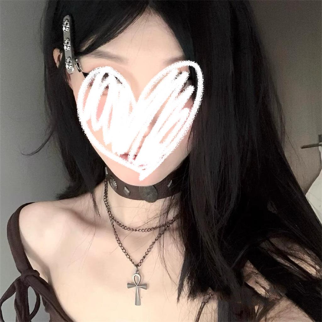 Muted Tone Brown Leather Choker, Vintage Distressed Double Layer Cross Punk Spicy Girl Necklace
