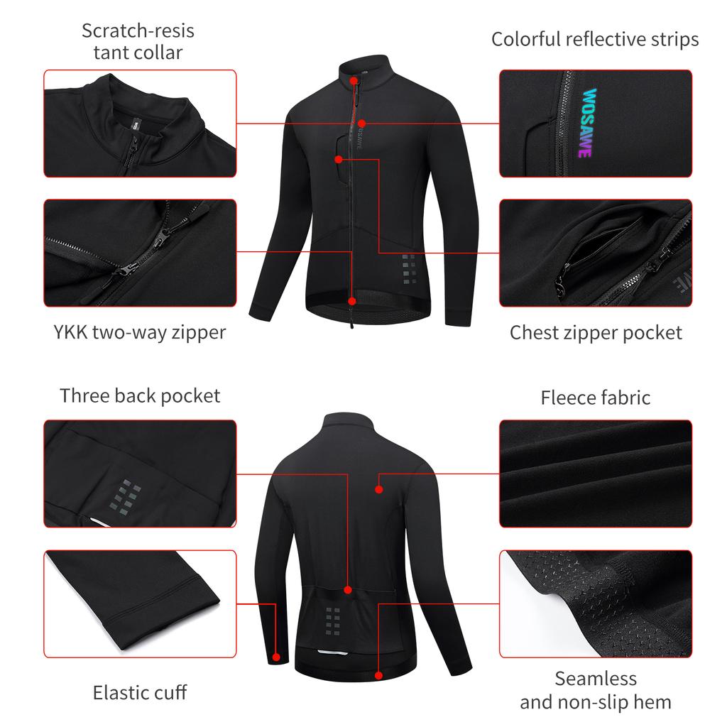 WOSAWE Autumn Winter Men's Windproof Warm Long-sleeved Cycling Jacket Mouth Shockproof Dazzle Color Padded Mesh Cycling Pants Road Cycling Suit