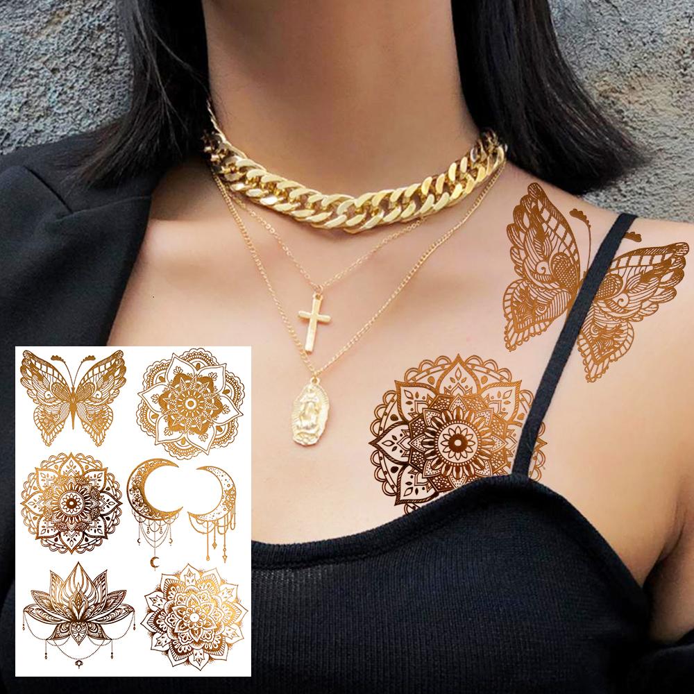 Golden Turtle Anchor Temporary Tattoo For Women Adult Realistic Compass Flower Fake Tattoo Sticker Washable Body Art Tatoo Decal