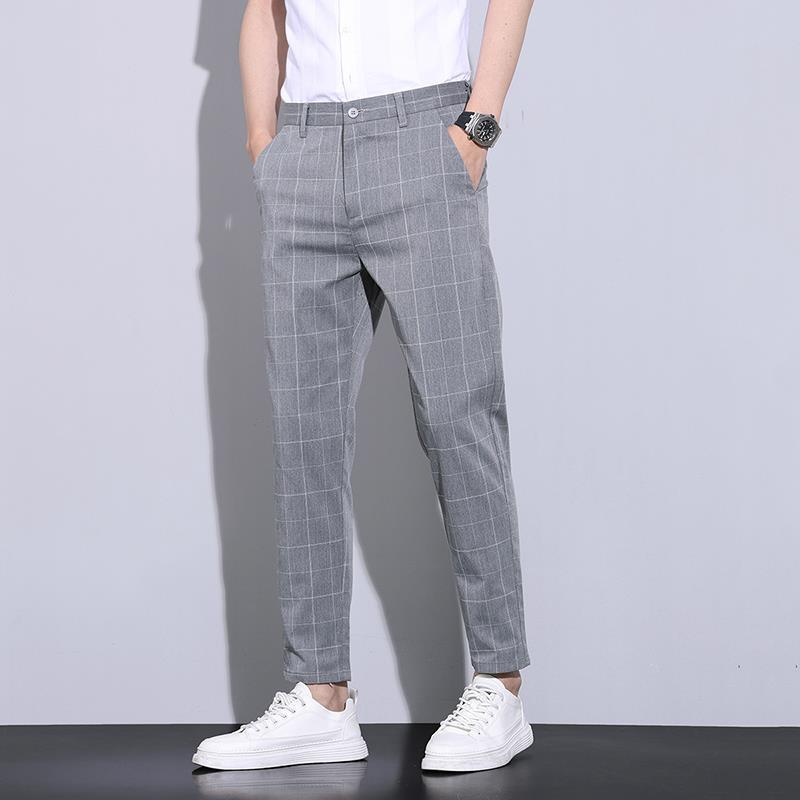 Secțiune ultra-subțire de vară carouri pantaloni nouă sferturi costum pantaloni drepți largi 9 pantaloni pantaloni casual pentru bărbați trend versatil
