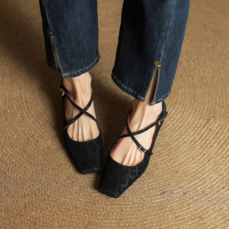 Krazing Pot Full Grain Leather Fashion Spring Autumn Med Heels Women Square Toe Buckle Straps Shoes Leopard Shallow Pumps