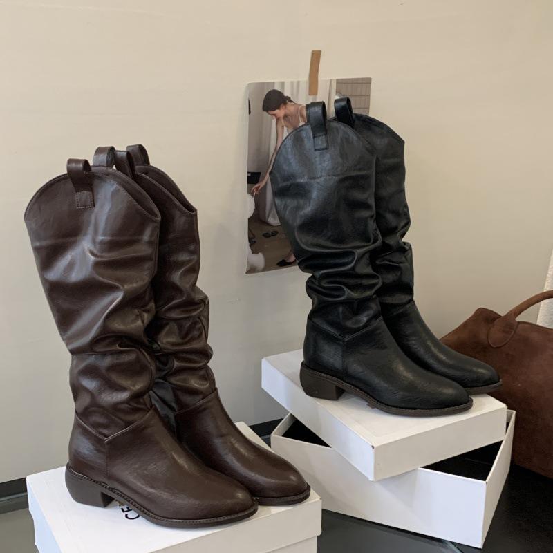 Coarse heel boots women's 2025 new autumn and winter pointed brown Maillard V-mouth thick-soled stacking boots boots