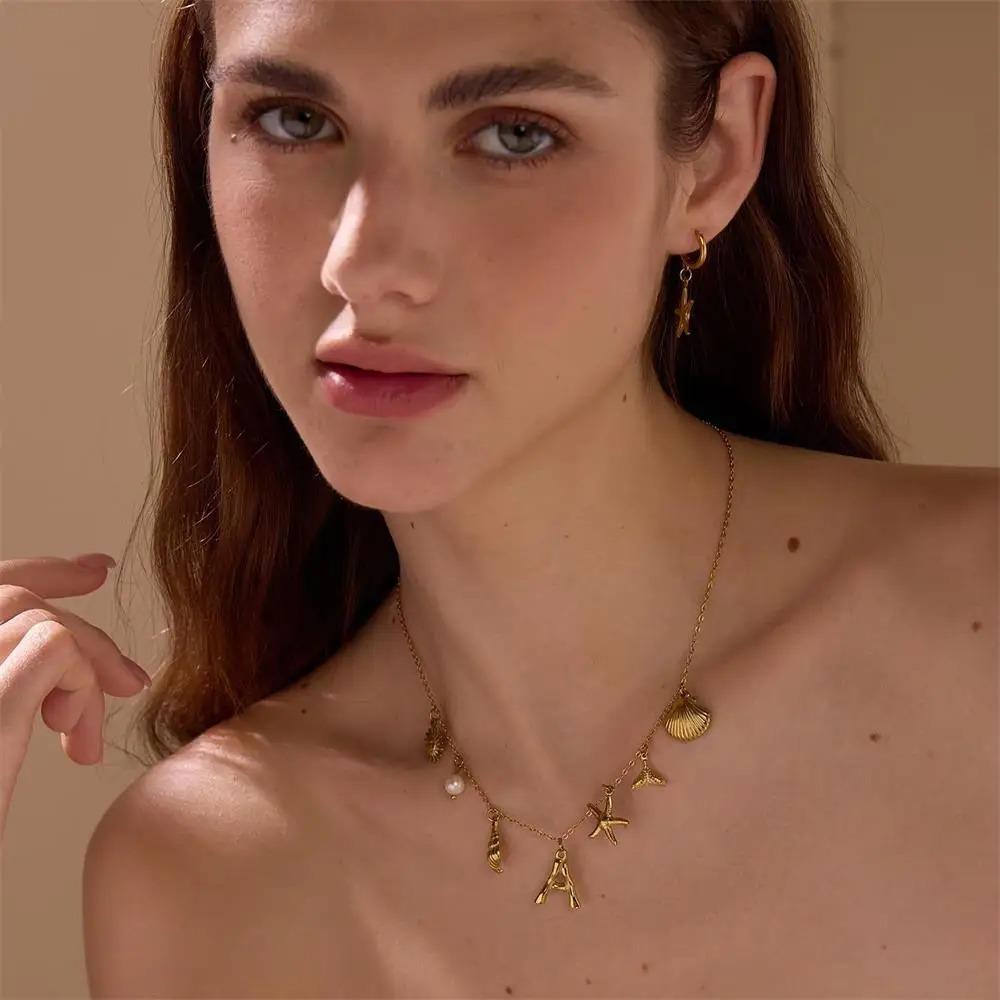 Gold Color Shell Necklace Copper Pearl Choker Simple Letter Pendant Necklace  Women