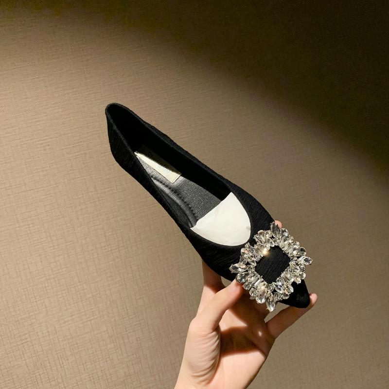 

Premium square buckle rhinestone pointed head shallow mouth fairy flat shoes women s single shoes 40