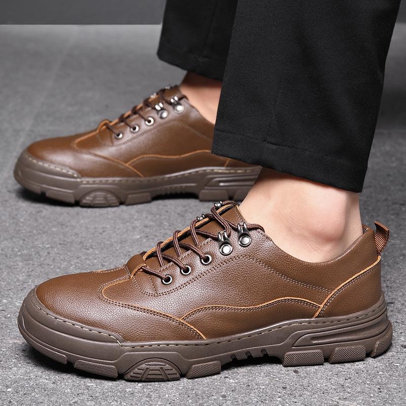 Genuine Leather Big-toe Leather Shoes Men's British Casual Shoes Lace-up Thick-soled Men's Shoes Trendy Martin Shoes Low-top Tooling Shoes