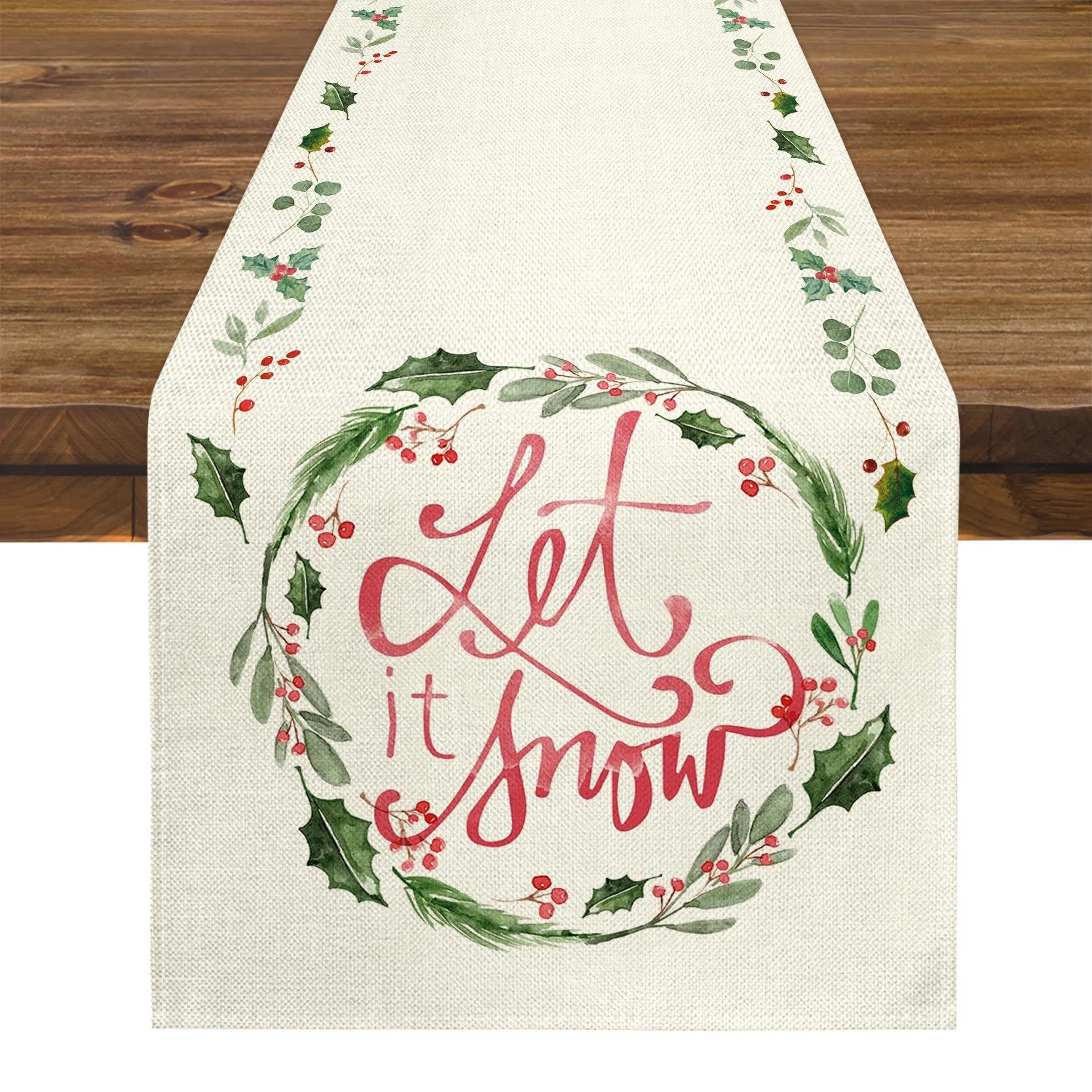 Let It Snow Christmas Table Runner - Snow & Wreath Prints for Cozy Winter Decor, Festive Snow Table Runner for Holiday Tables 33x180cm