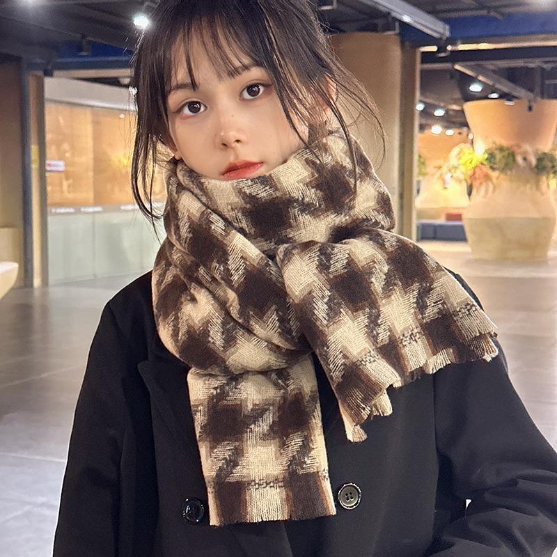 High End New Plaid Scarf Autumn and Winter Warm Shawl Student Retro Versatile Tassel Houndstooth Scarf for Women