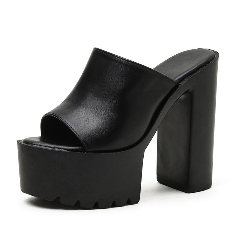 14CM Super High Heel Platform Mules Women Outdoor Slippers Peep Toe Slip On Sandals PU Black White Size 35-42 Zapatos De Mujer