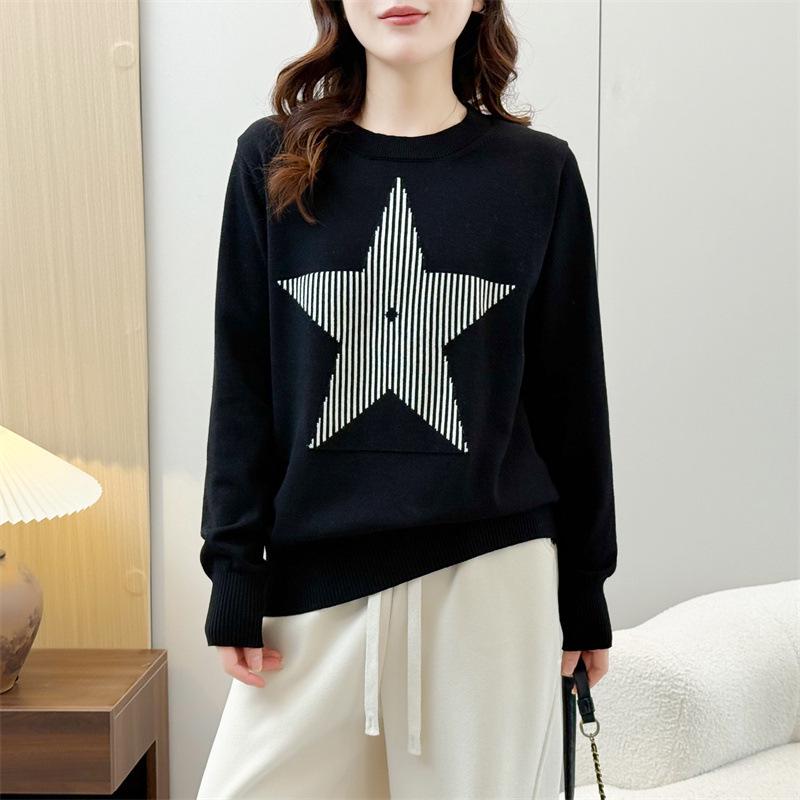 

2026 Spring Plus Size Women’s Round Neck Star Jacquard Sweater, Stretch Knit Pullover 1413. XL чёрный