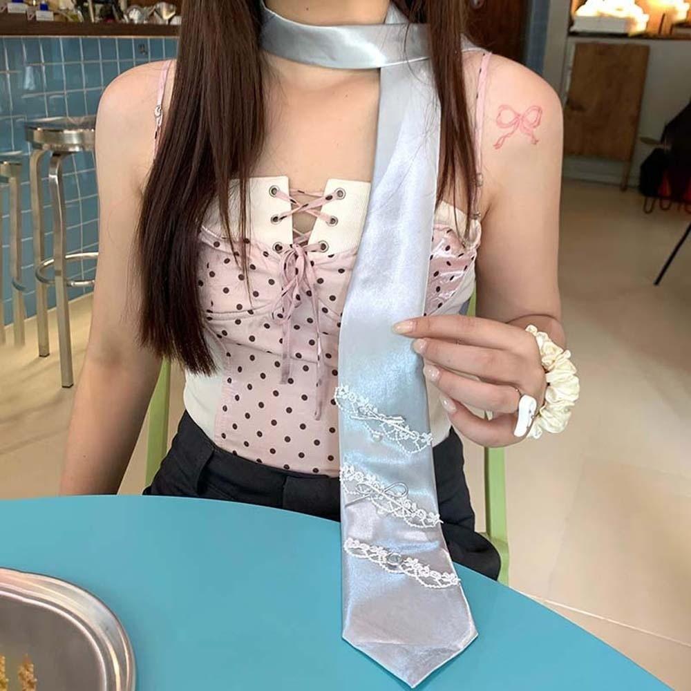 Multi-Use Satin Long Necktie Lace Narrow Long Scarf Fashion Decoration Waist Belt  Daily