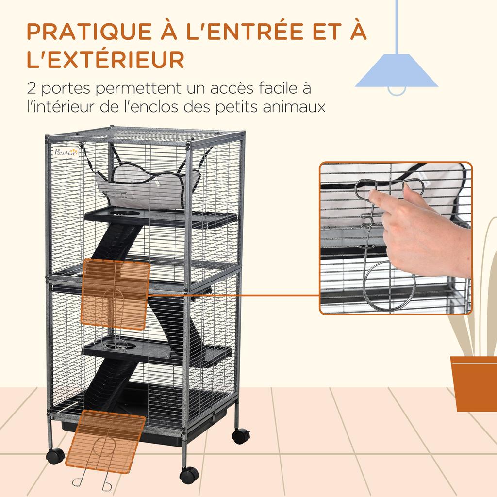 Small Animal Cage with Wheels Pet Home for Chinchillas Ferrets Kittens, with Hammock, 4 Platforms, Removable Tray, Silver