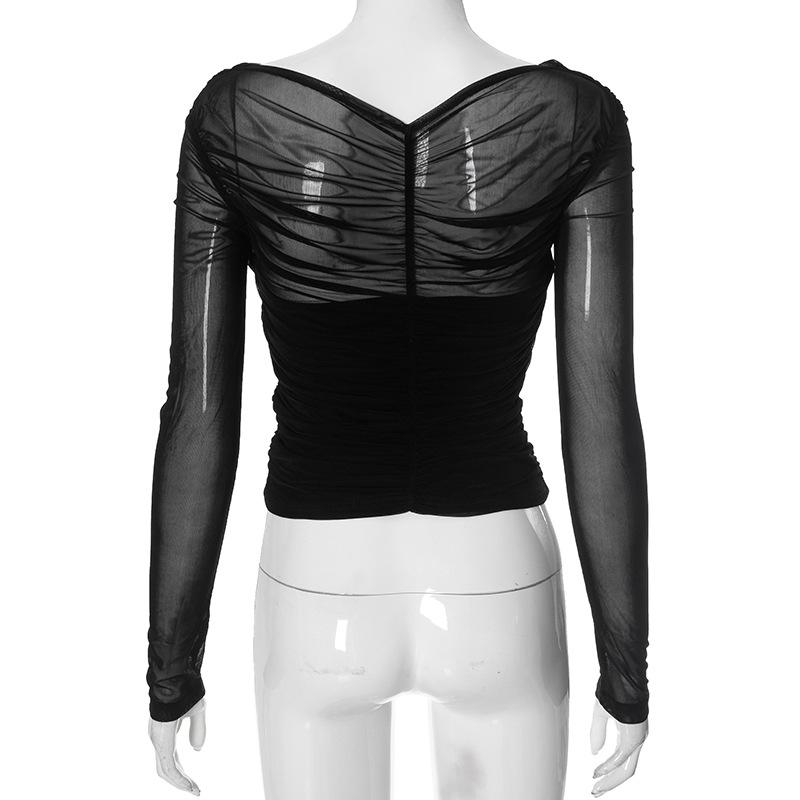 Herbst Einfarbig Mesh Sexy Plissiert Langärmlig Damen T-Shirts