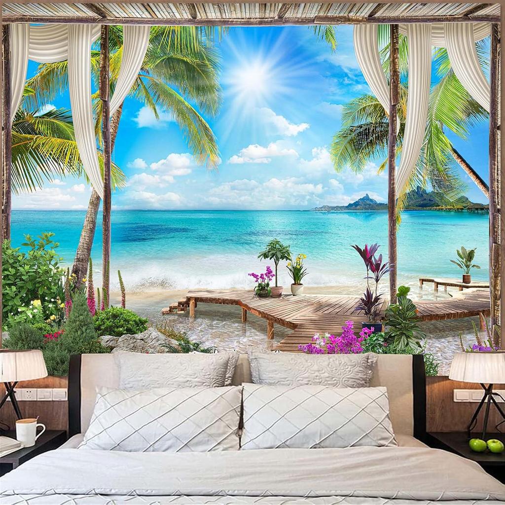 Beach Landscape Tapestry, Tropic Ocean Sea Island Palm Tree Seaside Tapestries For Living Room Summer Window Wall Hanging Island