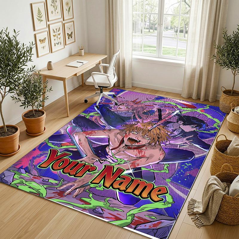 Personalized Crystal Velvet Carpet,Chainsaw Man Custom Printed Name, Plush Area Rug For Home Indoor Decor