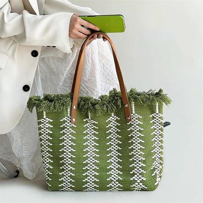 Women Grocery Tote Bag Fringe Large Capacity Canvas Handbag Beach Reusable Shop Bag Contrasting Color Travel Shoulder Bag