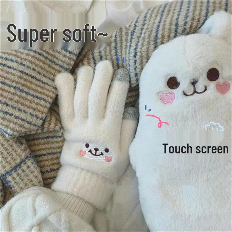 Women's Winter Thick Velvet Touchscreen Gloves - Warm, Cute Korean Style for Riding
