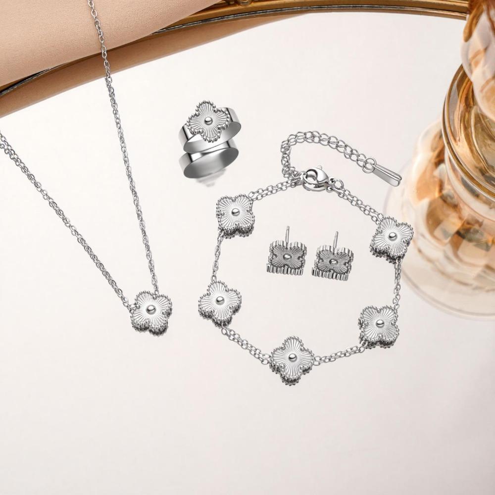 Titanium Steel Colorfast Necklace Set for Women Fashionable Four-leaf Clover Bracelet Necklace Earrings and Rings