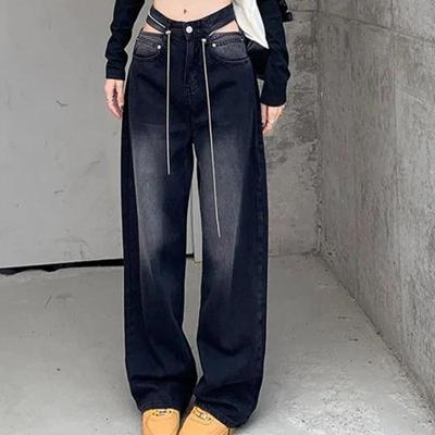 New Street Jeans Women Splice Wide Leg Trousers Hip-hop Cotton Loose Retro Chain Removable Cool Girls Womens Denim Pants