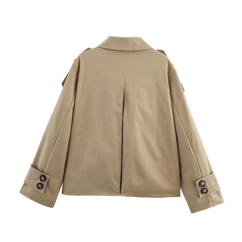 European and American Women's Double-Breasted Belted Short Trench Coat with Stand Collar