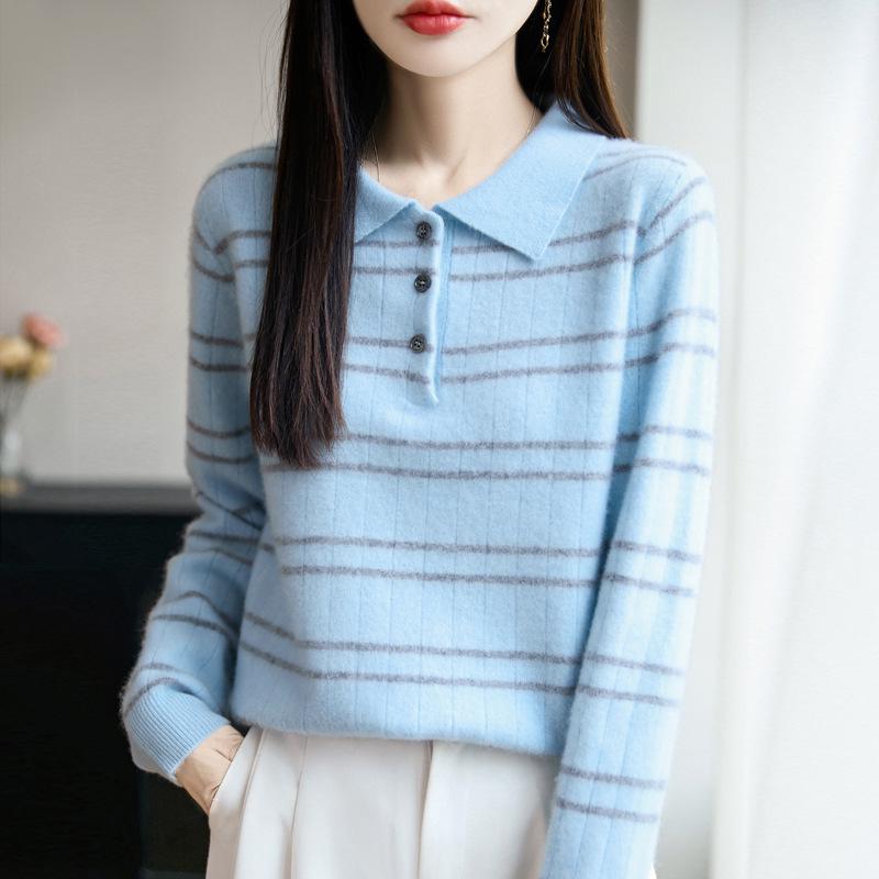 2025 Fall Women's Pure Wool Casual Stripe Polo Collar Long Sleeve Sweater