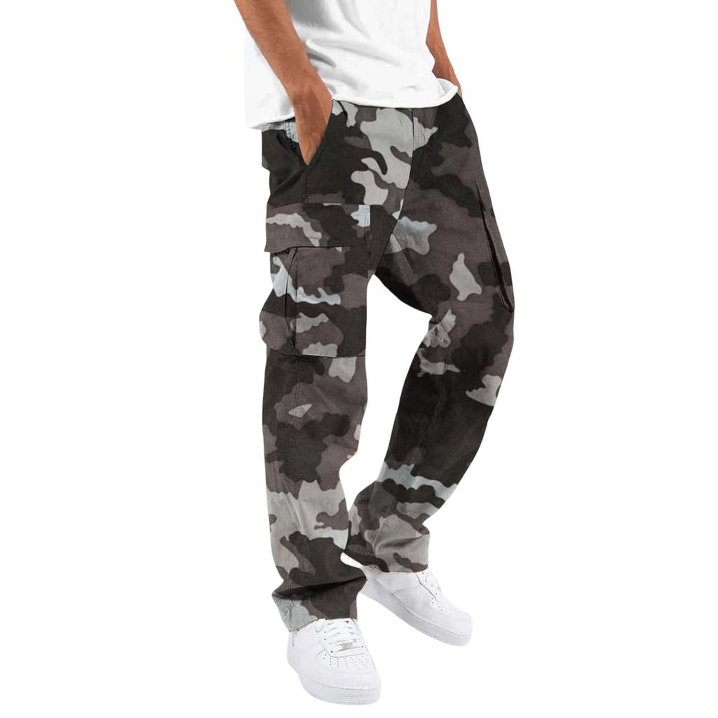 Men Drawstring Elastic Waist Cargo Pants Four Pockets Digital Print Loose Fit Long Trousers for Daily Outdoor Wear