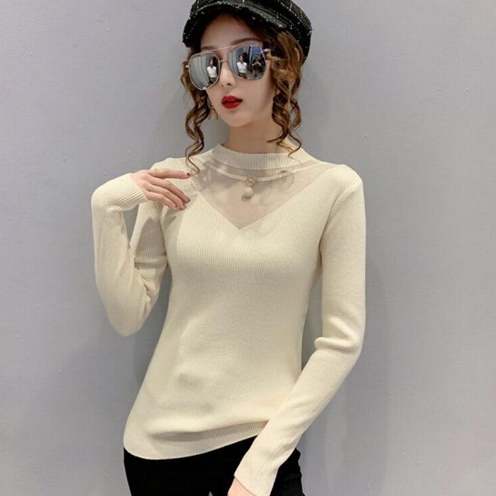 Women's Knitted Bottoming Shirt Fall  Winter Half-high Neck Hollow Mesh Knitted Sweater Slim Long-sleeved Stretchy Pullover Knitted Top Jumper