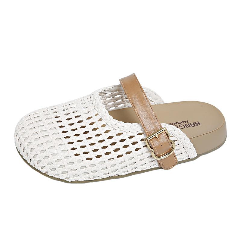 Spring and summer new woven hollow-soled bag head half slippers women s Birkenstocks wear cool slippers Roman sandals 35 бежевый
