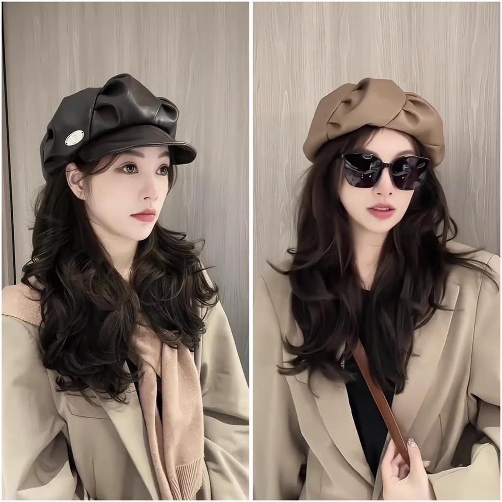 PU Leather with UV Slimming [Qzkouma] Women's Casquette, Hat, Autumn/Winter Cap, Brim, Protection, Effect, Stylish, PYUB-170 (Black)