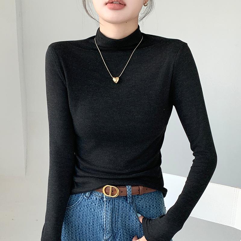 Women's H393 High Neck Warm Slimming Long Sleeve Top - Autumn/Winter Solid Color Versatile Mid-Neck Base Layer Shirt.