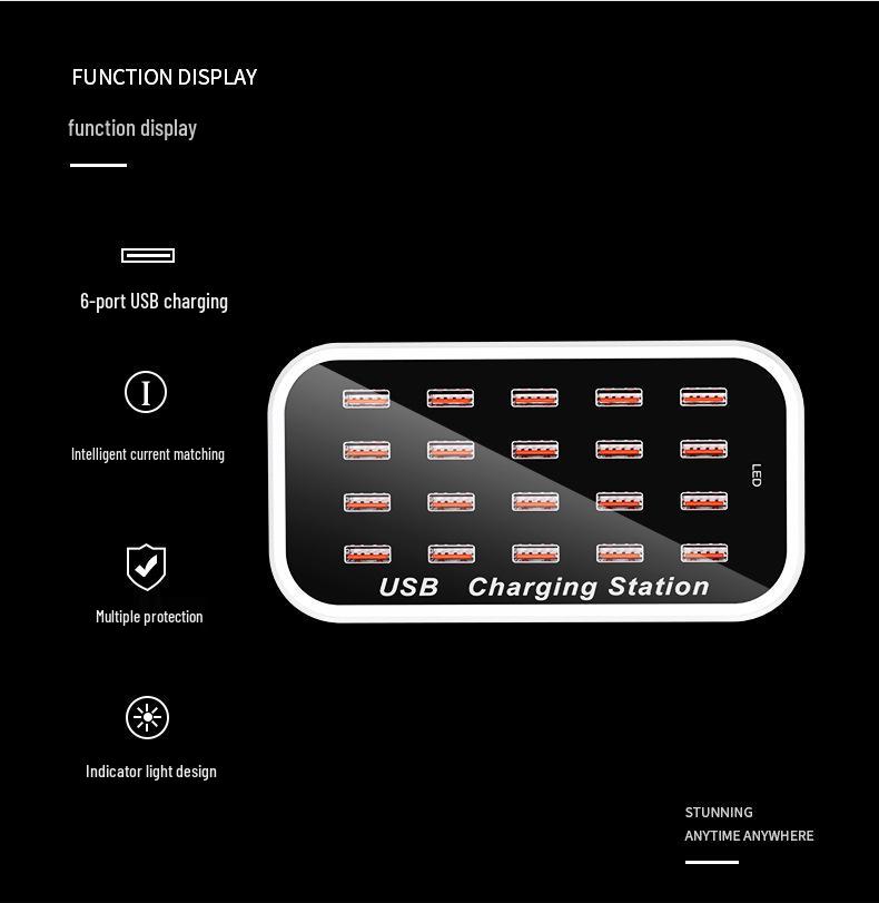 20-Port USB Fast Charger 100W Desktop Power Strip