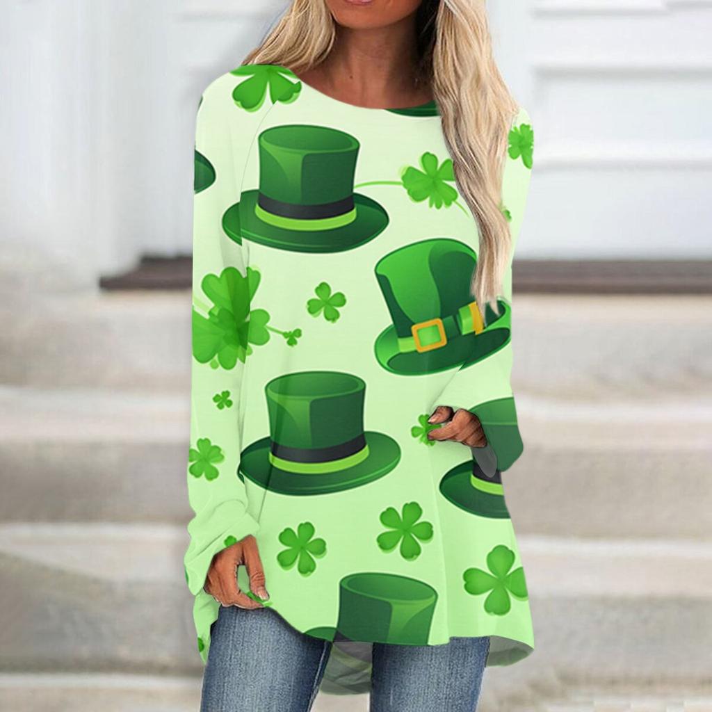 Moda casual pentru femei St. Bluză cu mâneci lungi, lungime medie, cu imprimeu de Ziua Sfântului Patrick