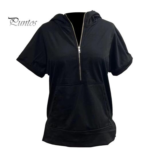 Summer Women Hoodie Half Zipper Short Sleeves Solid Color Pullover Loose with Pocket Casual Daily Wear School Sport Pullover Top Female Clothes