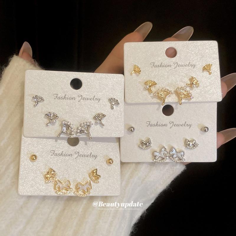 Real gold electroplated silver needle zircon pony stud earrings set natal year fashionable versatile earrings light luxury high-end earrings