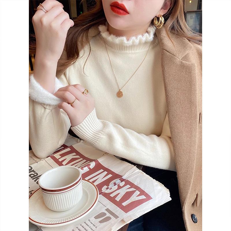 Semi-turtleneck Integrated Fleece Inner Top Women's Fungus Edge Knitted Sweater Autumn and Winter New High-end Bottoming Shirt