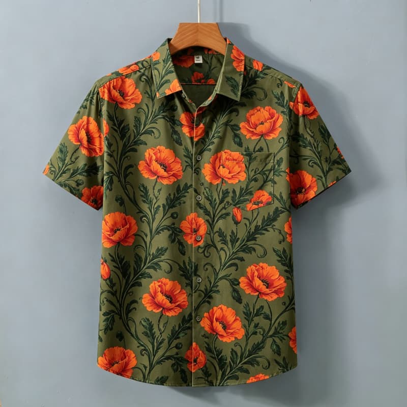 Pánská retro košile s krátkým rukávem a květinovým potiskem a kapsami, Elegantní retro styl, Pro dojíždění, Lehké dovolené, Rande