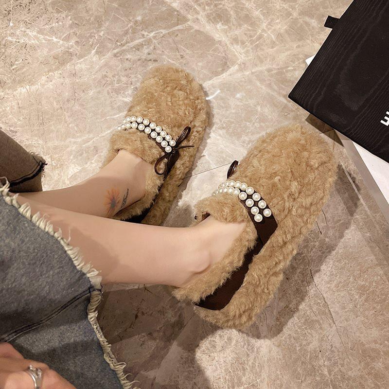 velvet cotton shoes Korean version lazy thick-soled lamb wool one pedal outside wearing round head fluffy shoes women's new autumn and winter beans