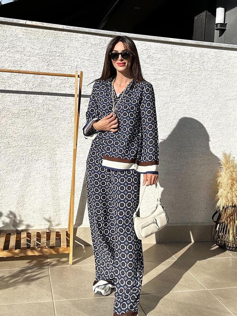 Women's Long Sleeve Shirt & High Waist Pants Two-Piece Set with Positioning Print