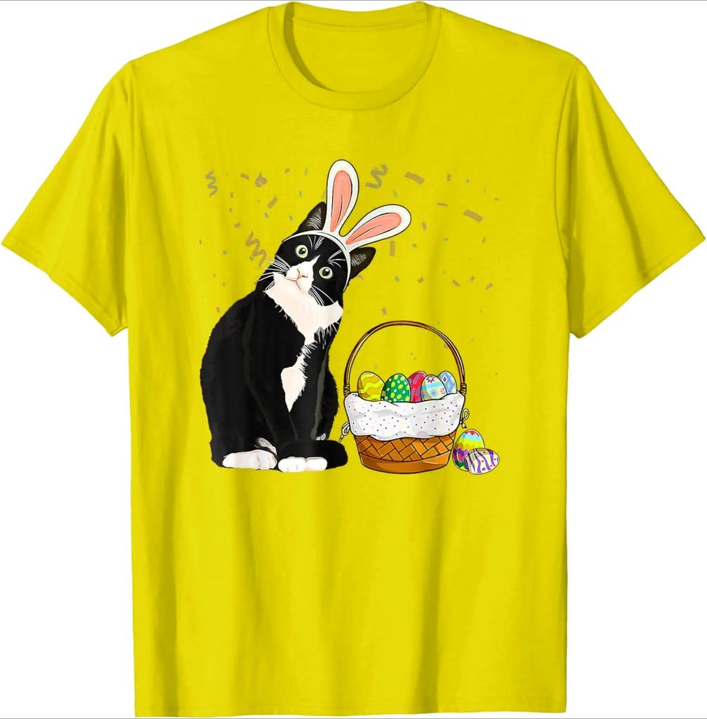 Cat Bunny Ears Easter Basket Graphic Shirts Casual Women Crewneck TShirt for Unisex Women Cute Cat Printed Tops Vintage Y2k Tee