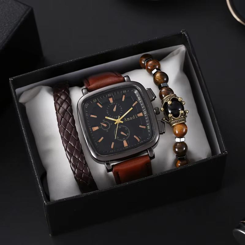 2026 Retro Square Watch Quartz Movement 10mm Case 50mm Glass Classic Design Fashion Men's Dial and Strap Set 3-Piece Casual