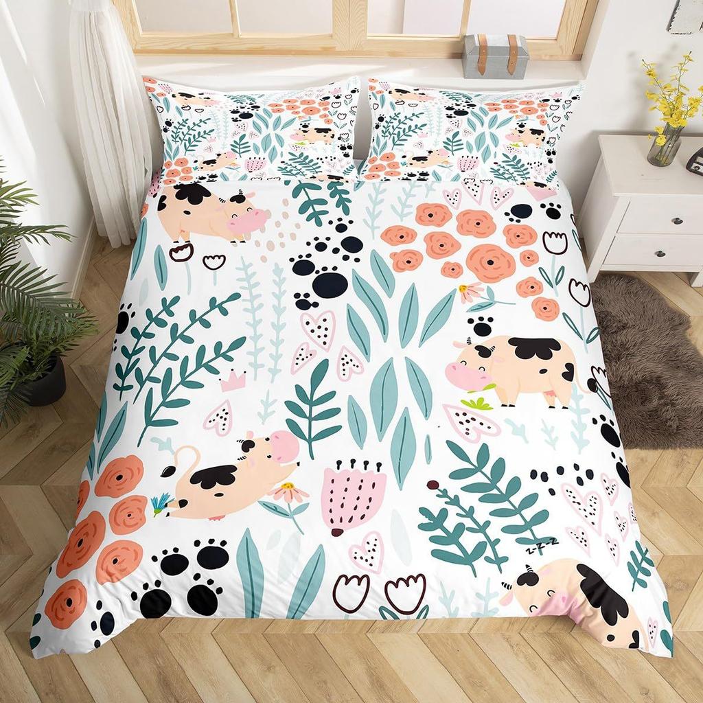 Farm Cow Duvet Cover Three-Piece Sunflower Quilt Cover Cute Cow Bedding Set