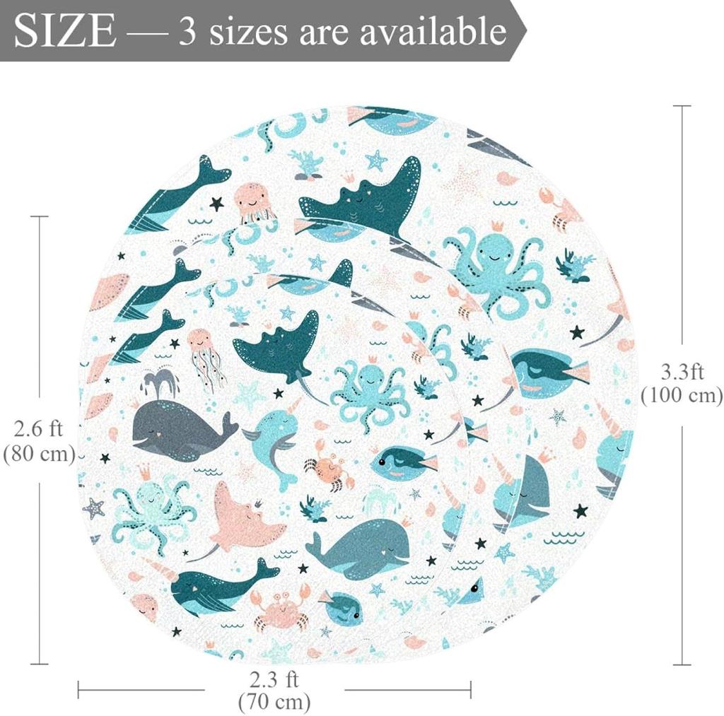 Cute Sea Animal Print Round Rug Blue Pink Whale Octopus for Baby Play Area