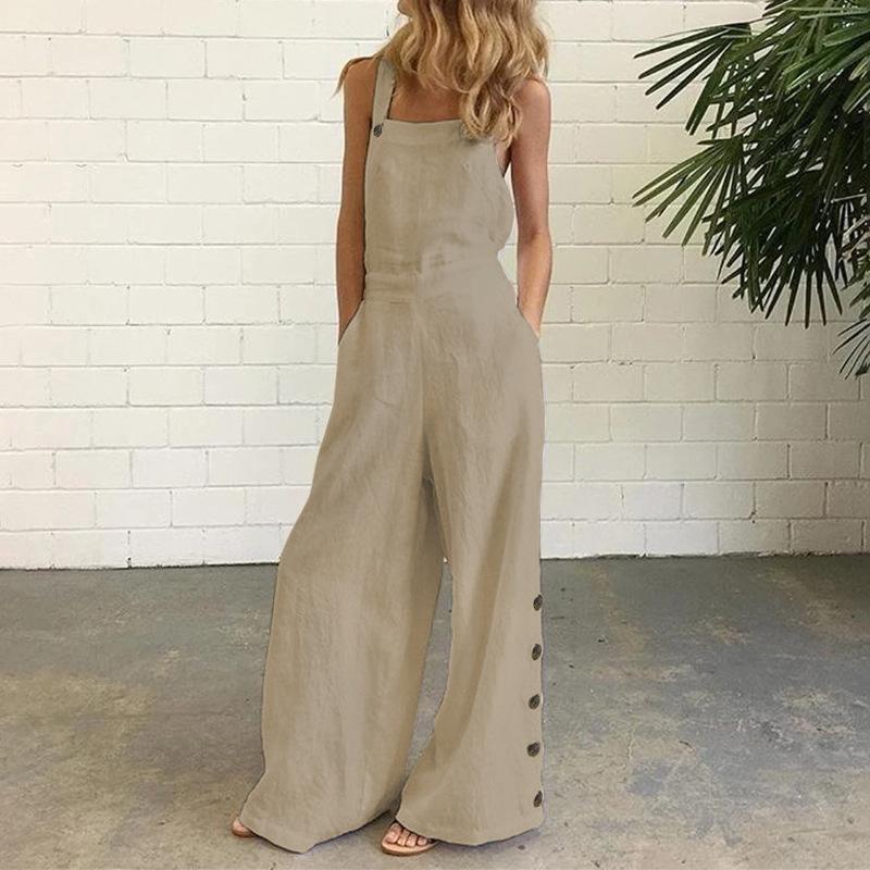 

2026 New Women s Solid Color Sleeveless Jumpsuit, Side Button Wide Leg Romper with Pockets, Loose Fit Casual Overalls for Daily Wear 5XL бежевий