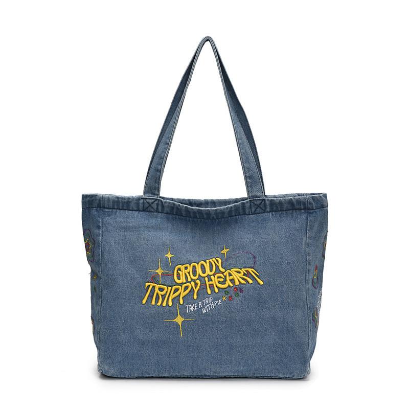 Denim Tote Bag For Women With Embroidered Letters And Street Style For Daily Use