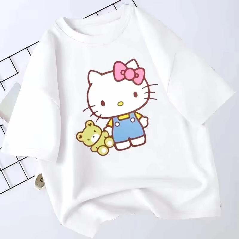 Летняя хлопковая футболка в корейском стиле для детей 2026 года с принтом Sanrio Hello Kitty, держащей плюшевого мишку, милая и повседневная для ежедневной носки 4XL