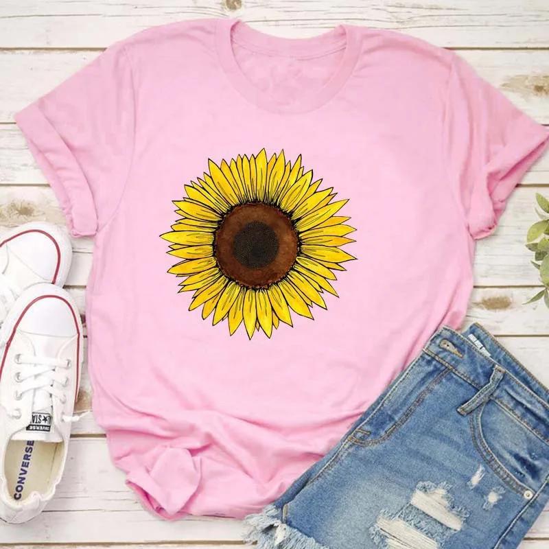 Golden Sunflower Print Women T Shirt Short Sleeve O Neck Loose Women Tshirt Ladies Tee Shirt Tops Clothes Camisetas Mujer