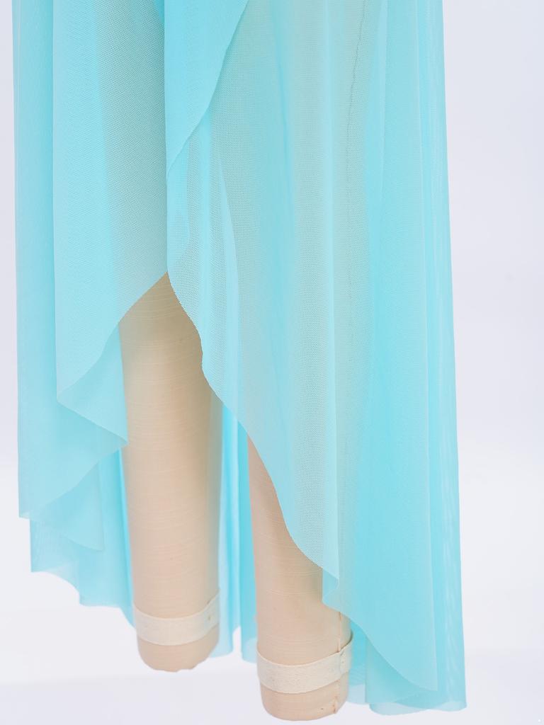 Sukienka do występu tanecznego lirycznego dla dziewczynek: Elegancka aplikacja z tyłem na klucz, rozcięciem z boku i asymetrycznym marszczonym designem z siateczki