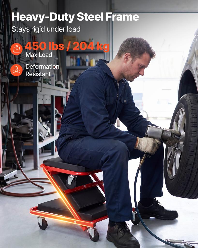 VEVOR 1010mm 2-in-1 Folding Mechanic Creeper, Z Creeper Seat & Under Car Garage Roller, 204 kg Rolling Creeper Stool with 6 Swivel Casters